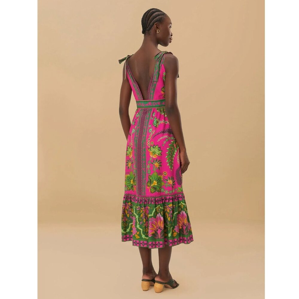 FARM Rio Ana Tapestry Midi Dress / Medium / Pink Floral Plunge - Picture 2 of 11